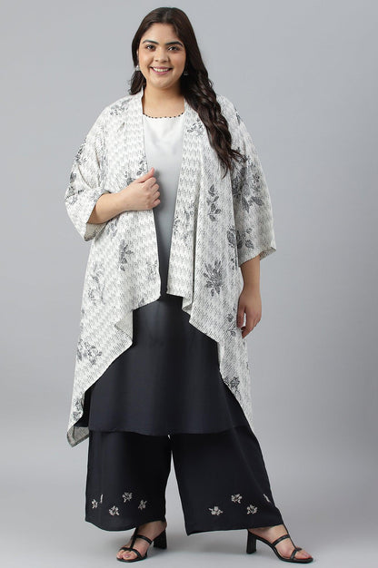 Plus Size White And Deep Blue Ombre kurta With Printed Gillet And Parallel Pants - wforwoman