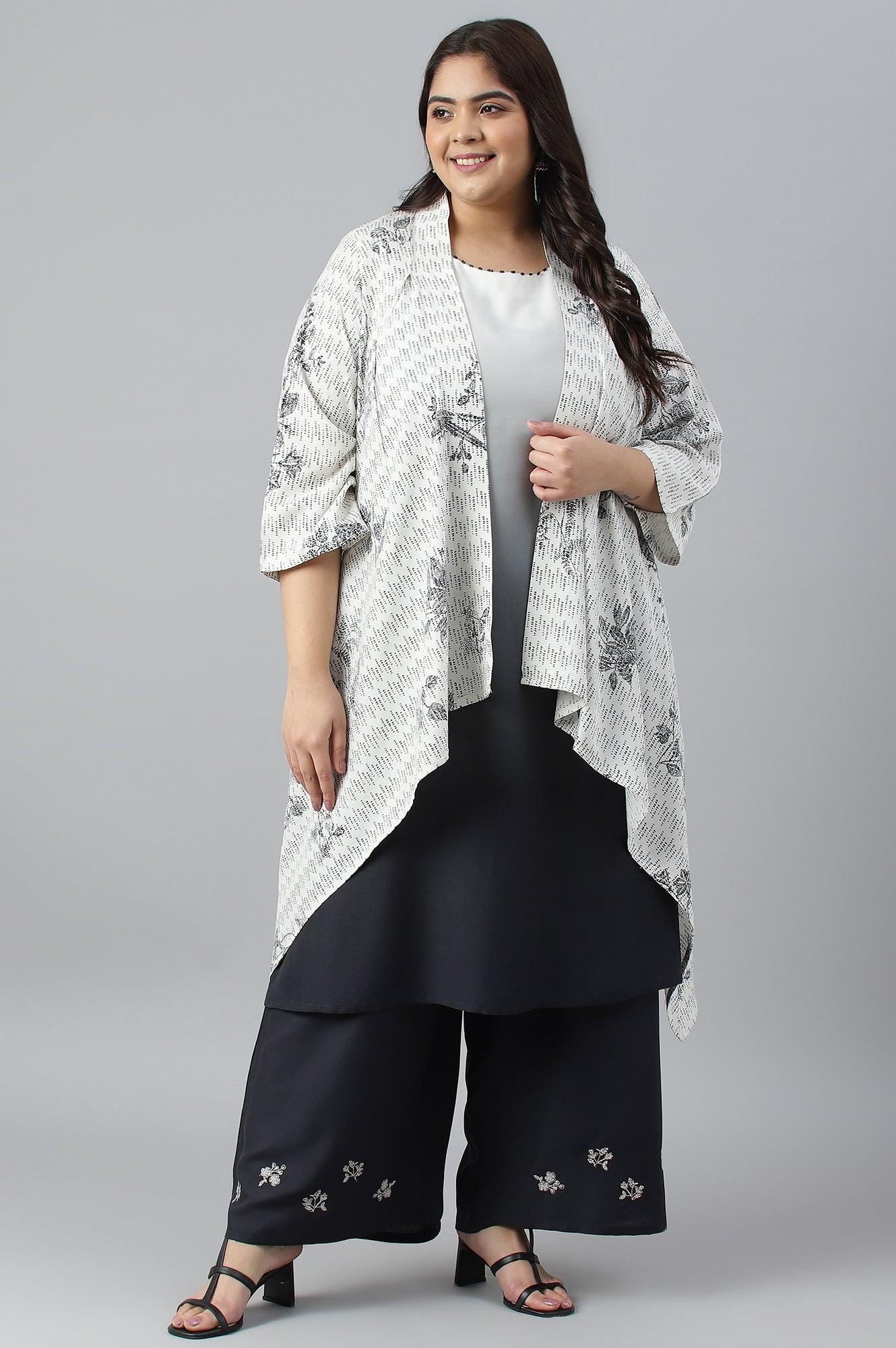 Plus Size White And Deep Blue Ombre kurta With Printed Gillet And Parallel Pants - wforwoman
