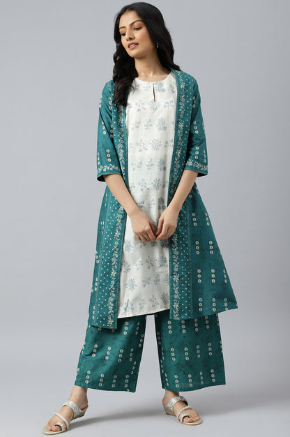 Green Printed Gillet With Off-White kurta And Green Parallel Pants Set