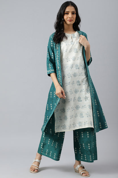 Green Printed Gillet With Off-White kurta And Green Parallel Pants Set