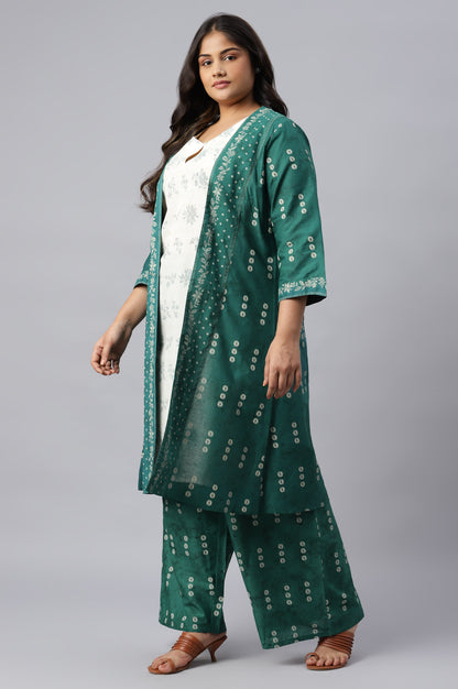 Green Plus Size Printed Gillet With Off-White kurta And Green Parallel Pants Set