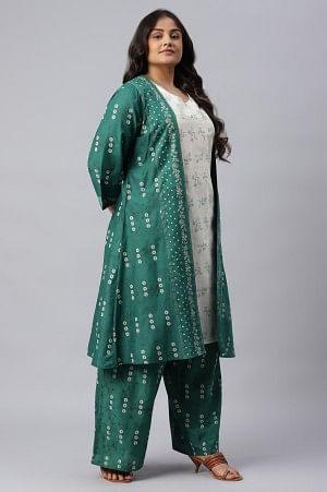 Green Plus Size Printed Gillet With Off-White kurta And Green Parallel Pants Set - wforwoman