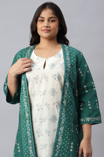 Green Plus Size Printed Gillet With Off-White kurta And Green Parallel Pants Set