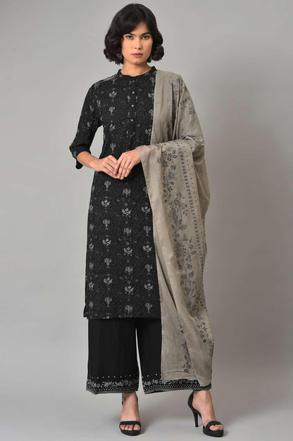 Black Floral Printed kurta With Parallel Pants And Grey Dupatta - wforwoman