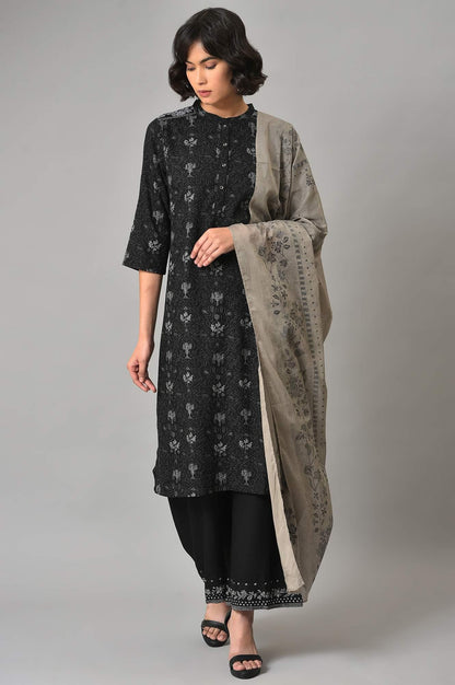 Black Floral Printed kurta With Parallel Pants And Grey Dupatta - wforwoman