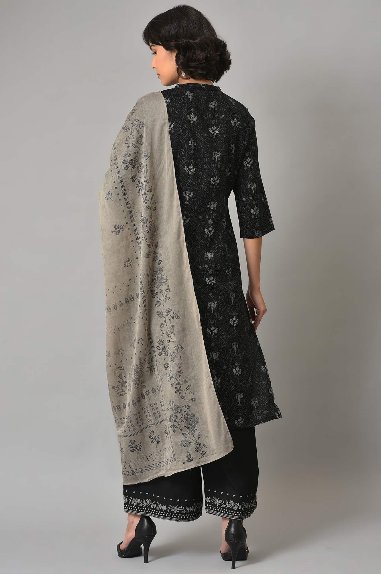 Black Floral Printed kurta With Parallel Pants And Grey Dupatta - wforwoman