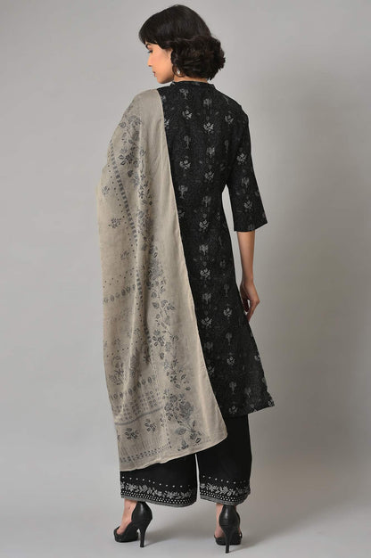 Black Floral Printed kurta With Parallel Pants And Grey Dupatta - wforwoman