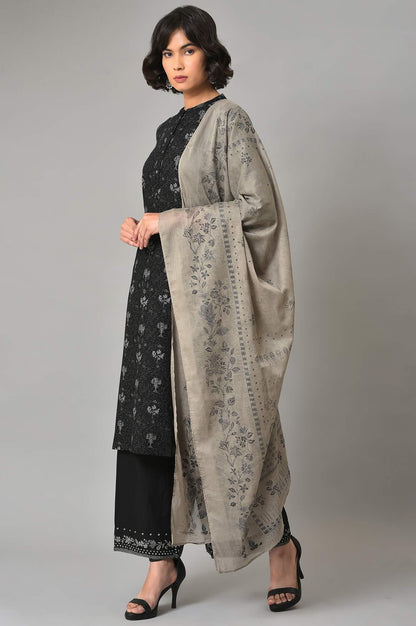 Black Floral Printed kurta With Parallel Pants And Grey Dupatta - wforwoman