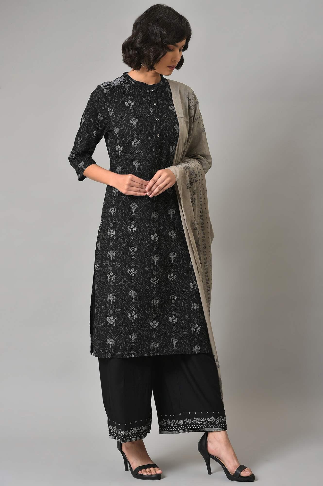 Black Floral Printed kurta With Parallel Pants And Grey Dupatta - wforwoman