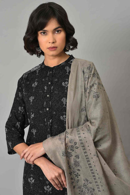 Black Floral Printed kurta With Parallel Pants And Grey Dupatta - wforwoman