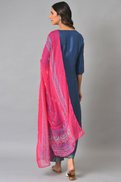 Blue Embroidered kurta With Parallel Pants And Pink Dupatta - wforwoman