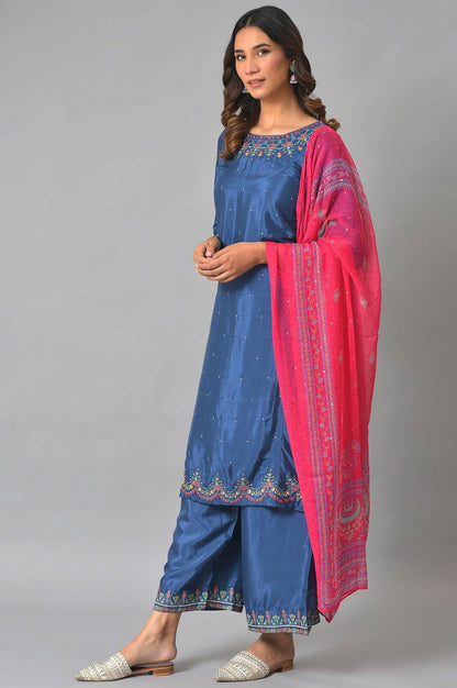 Plus Size Blue Embroidered kurta With Parallel Pants And Pink Dupatta - wforwoman