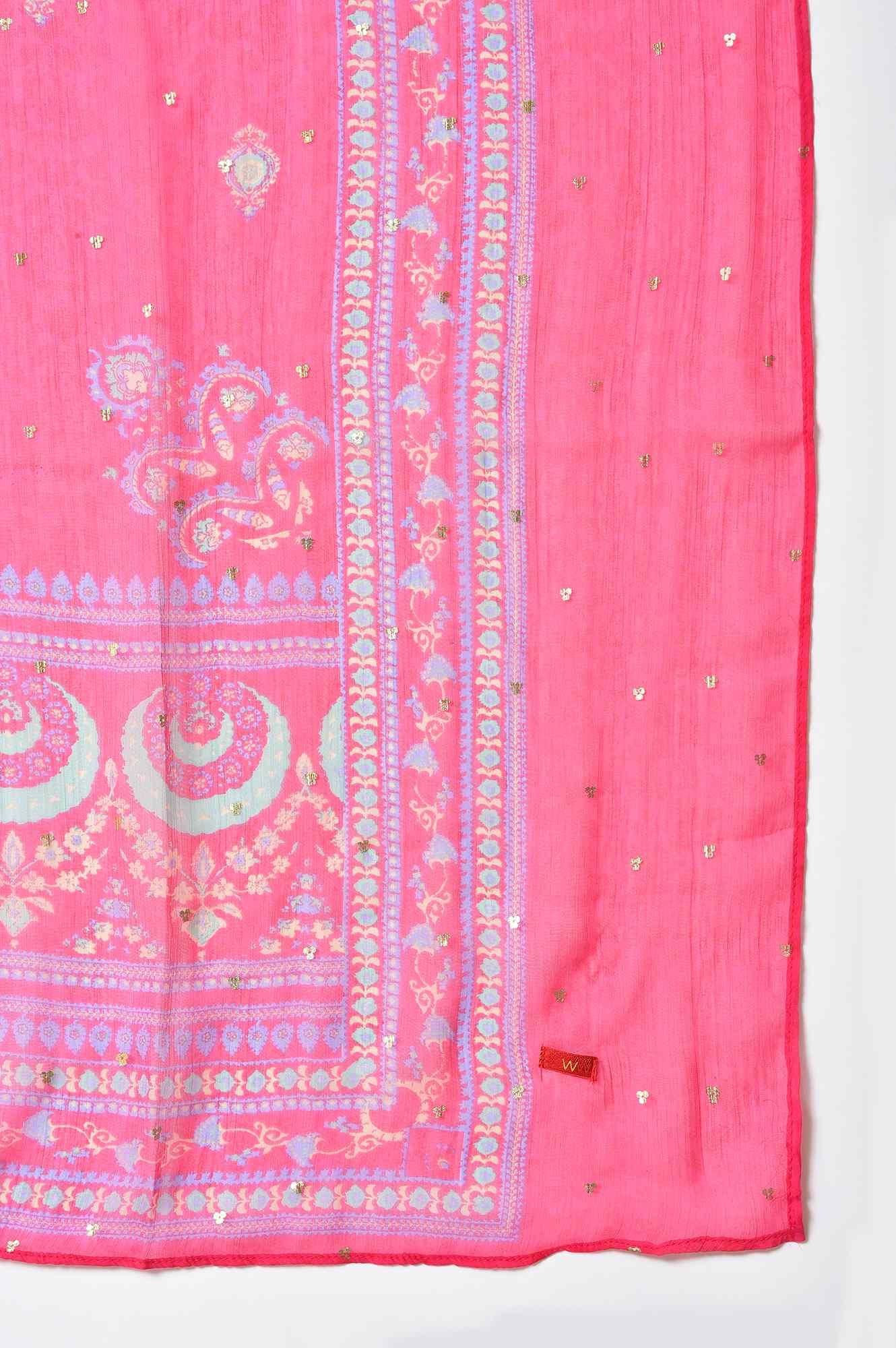 Plus Size Blue Embroidered kurta With Parallel Pants And Pink Dupatta - wforwoman