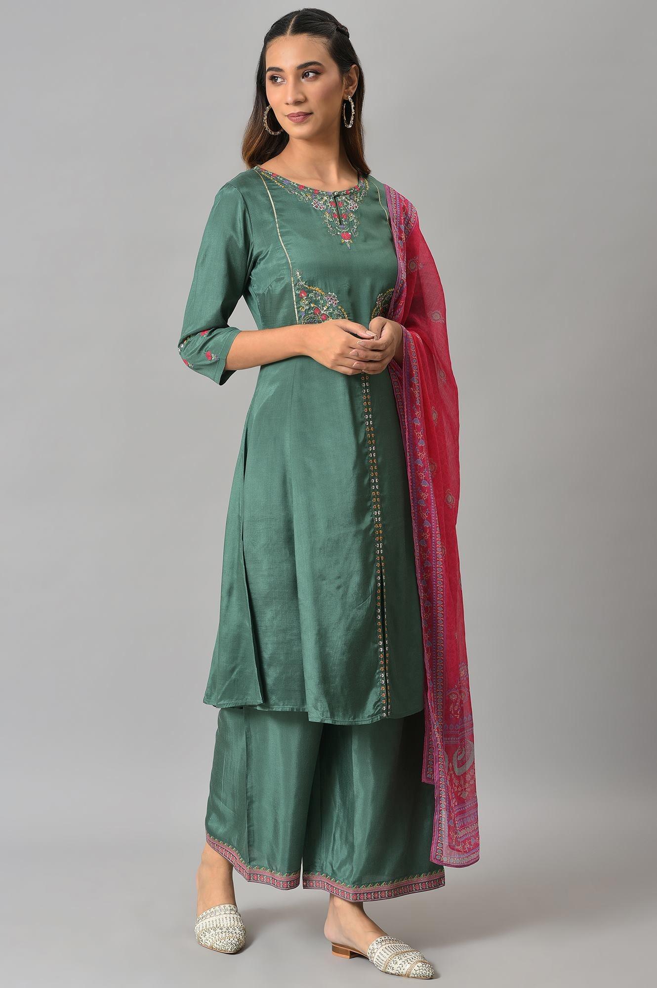 Dark Green Embroidered kurta With Parallel Pants And Pink Printed Dupatta - wforwoman