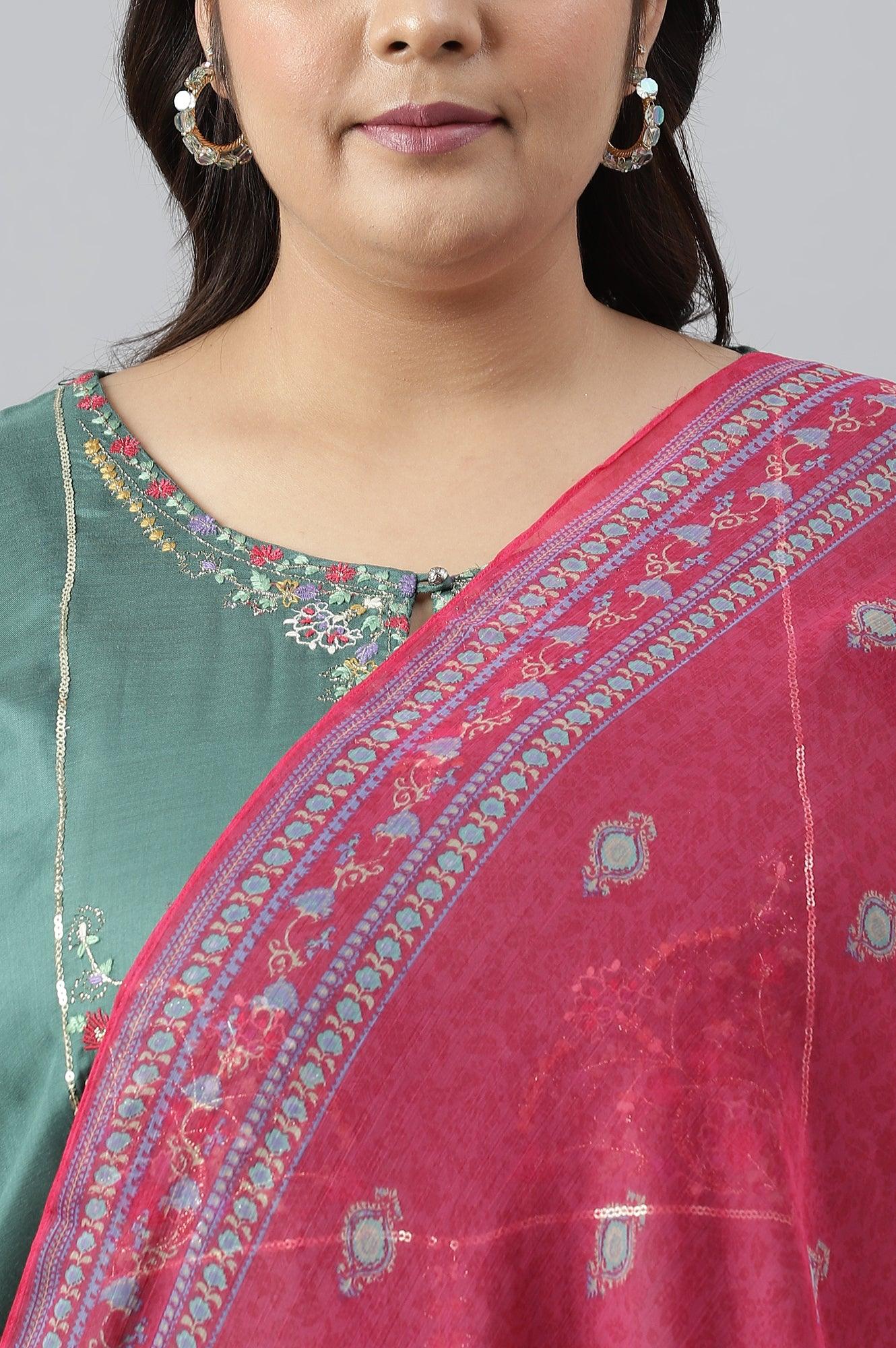 Plus Size Dark Green Embroidered kurta With Parallel Pants And Pink Printed Dupatta - wforwoman