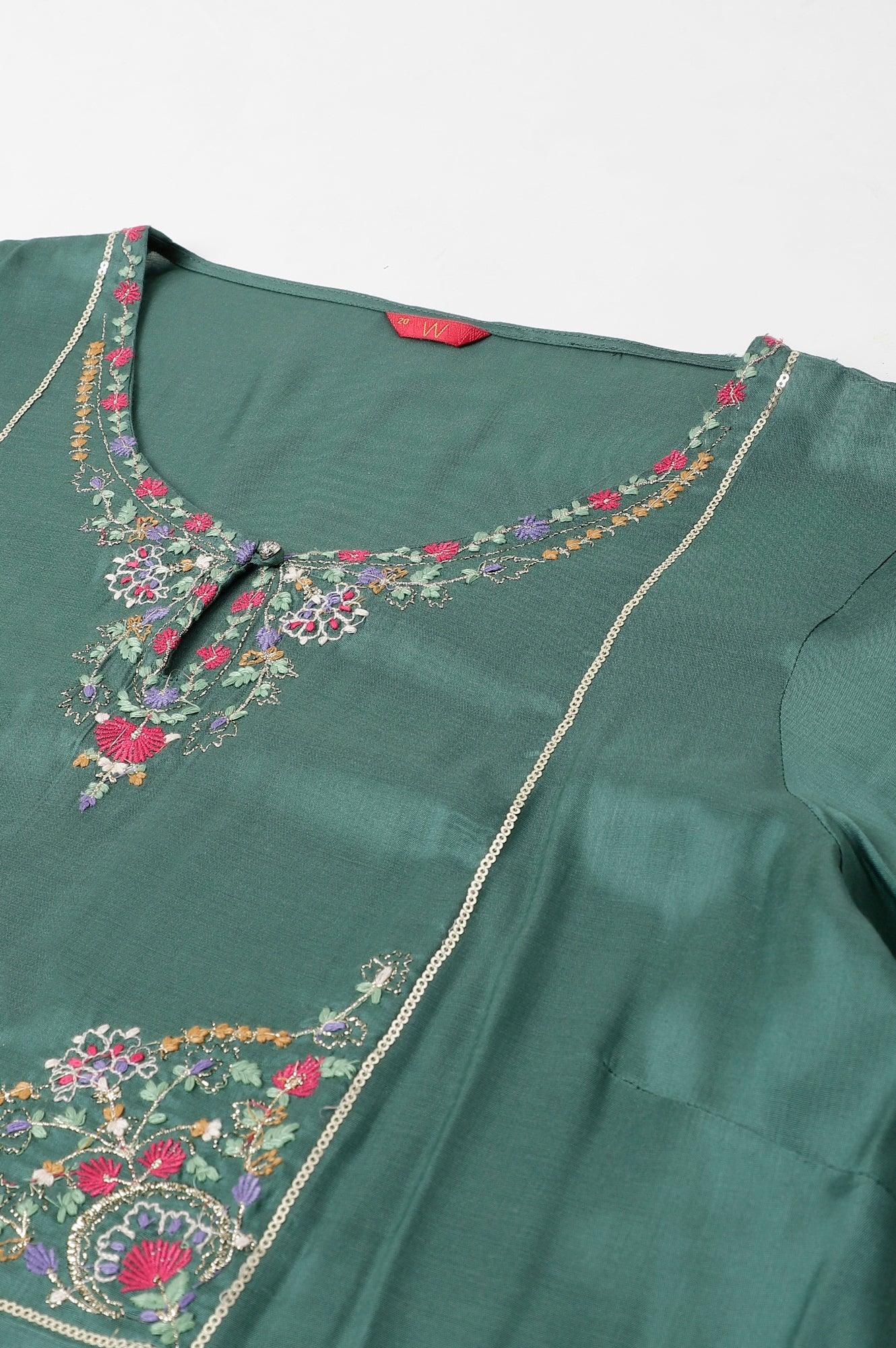 Plus Size Dark Green Embroidered kurta With Parallel Pants And Pink Printed Dupatta - wforwoman
