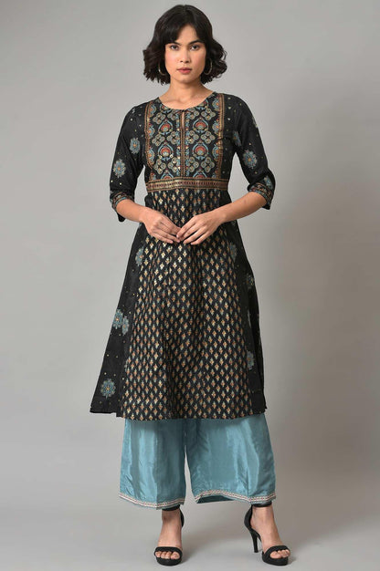 Black A-Line Panelled kurta With Blue Parallel Pants - wforwoman