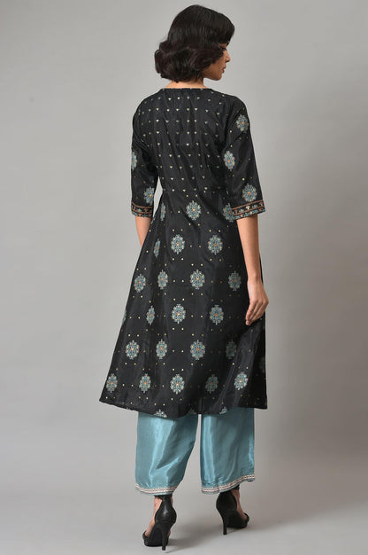 Black A-Line Panelled kurta With Blue Parallel Pants - wforwoman