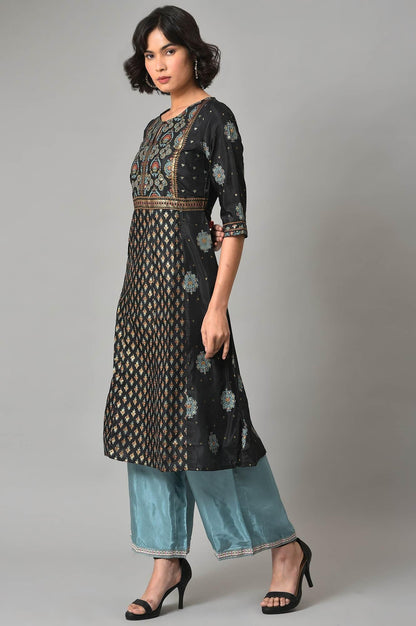 Black A-Line Panelled kurta With Blue Parallel Pants - wforwoman