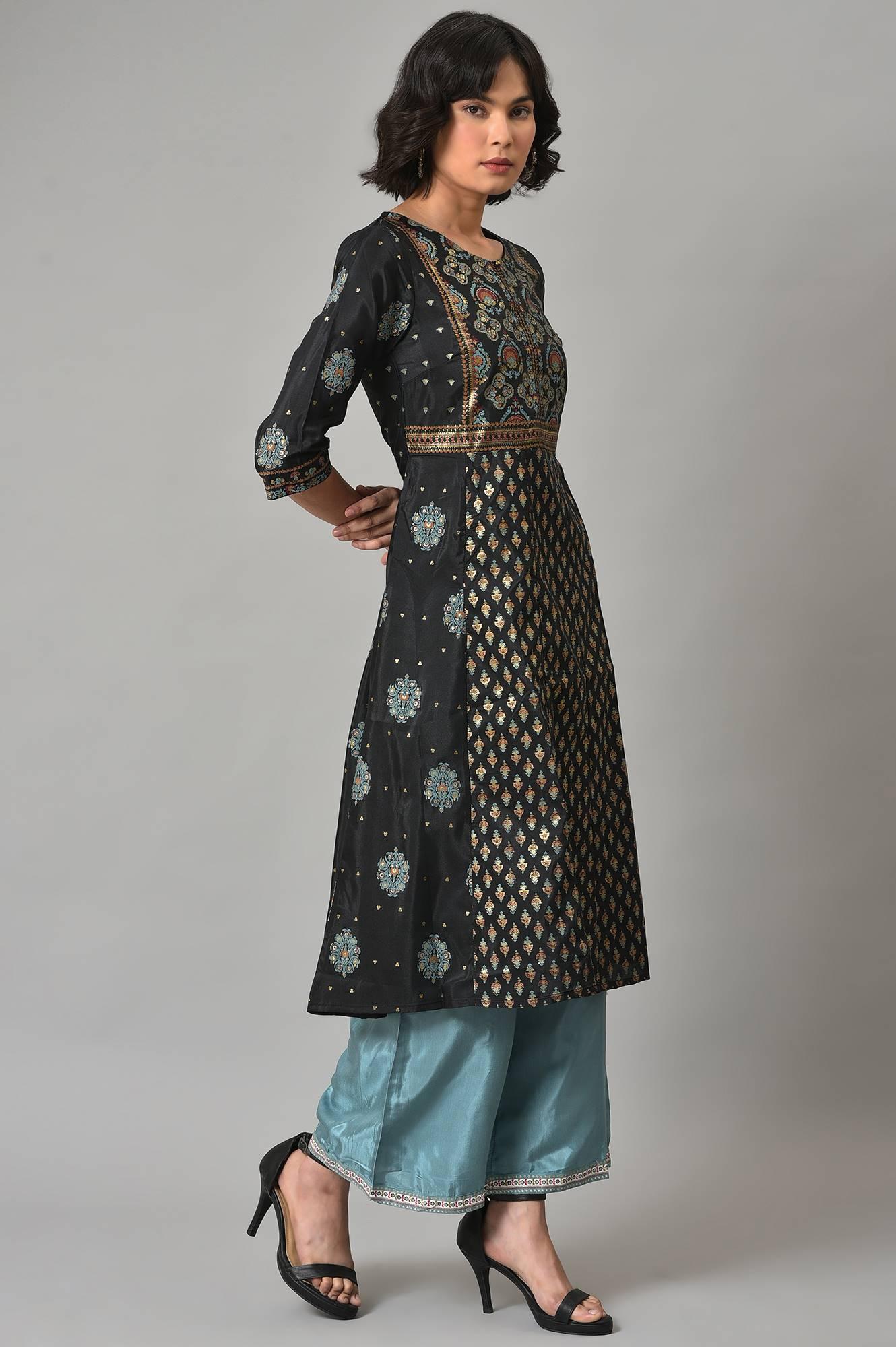 Black A-Line Panelled kurta With Blue Parallel Pants - wforwoman