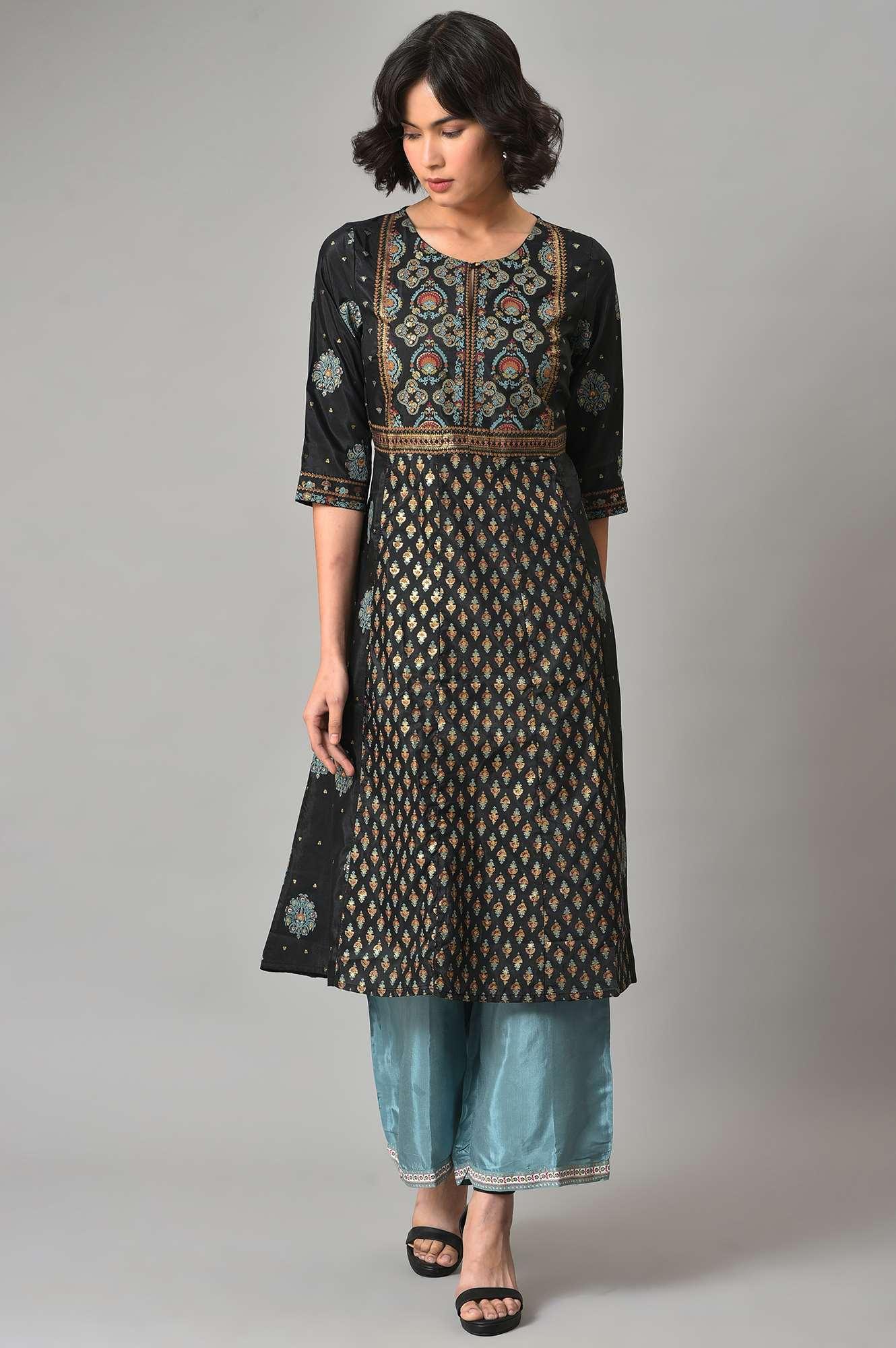 Black A-Line Panelled kurta With Blue Parallel Pants - wforwoman