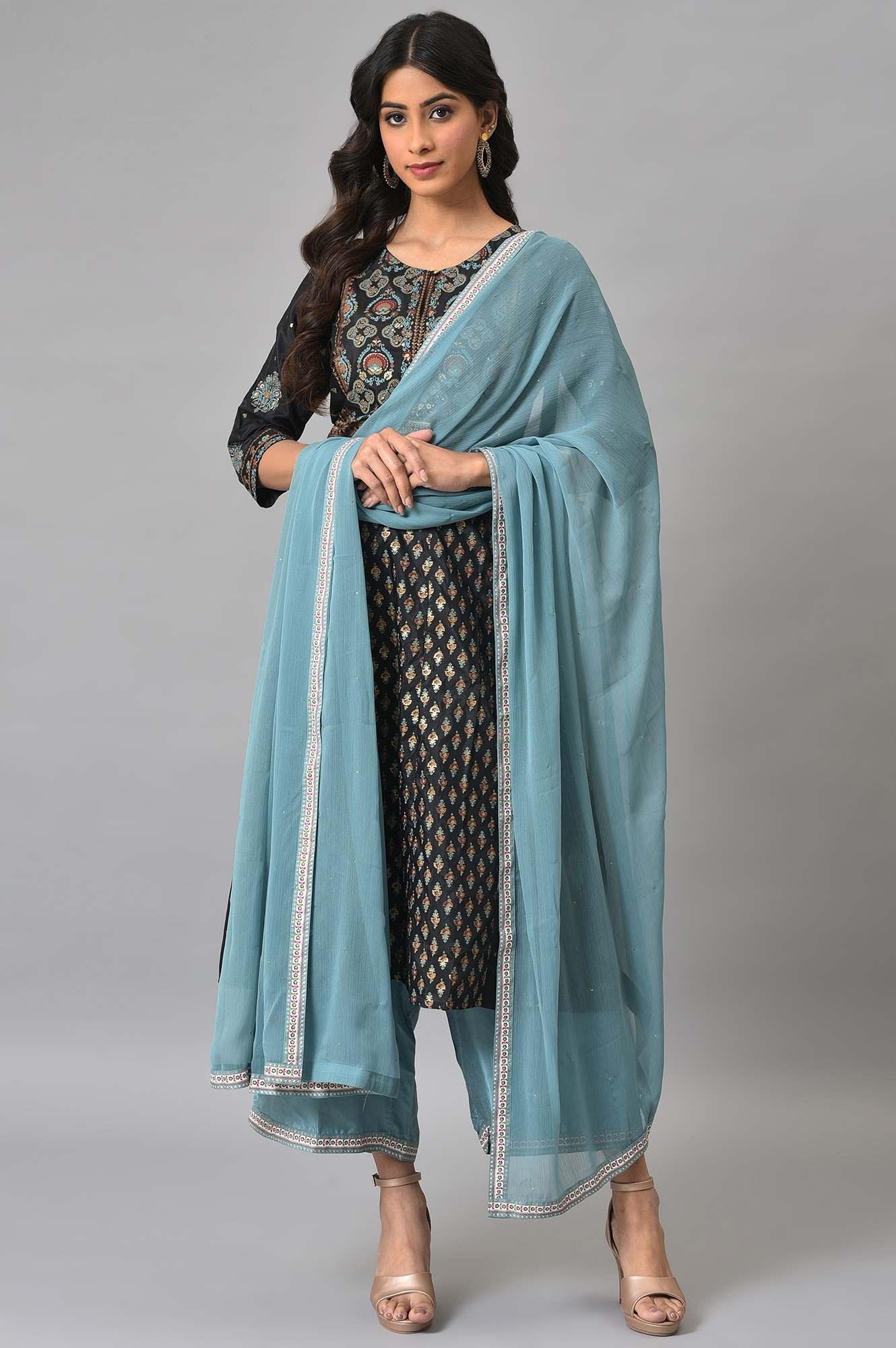 Jet Black Foil Printed Shantung kurta With Blue Parallel Pants And Chiffon Dupatta - wforwoman