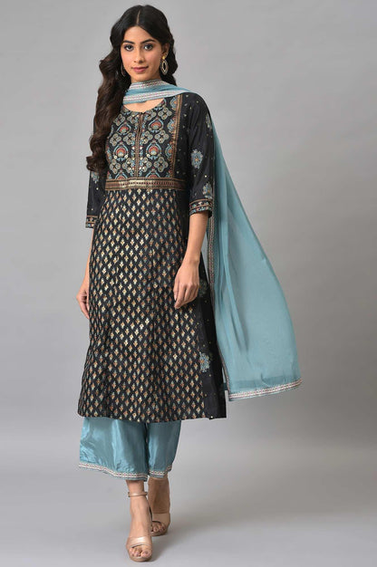 Jet Black Foil Printed Shantung kurta With Blue Parallel Pants And Chiffon Dupatta - wforwoman