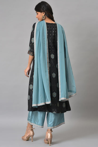 Jet Black Foil Printed Shantung kurta With Blue Parallel Pants And Chiffon Dupatta - wforwoman