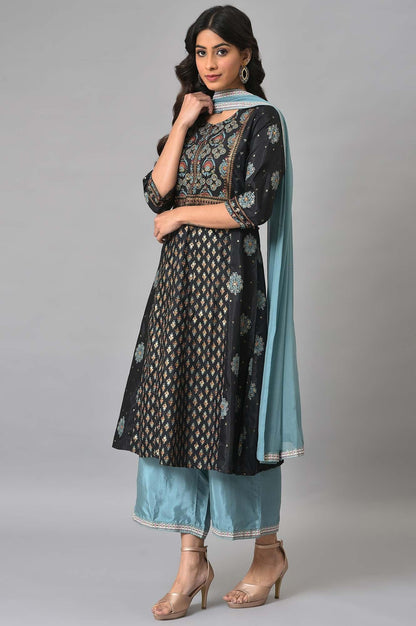 Jet Black Foil Printed Shantung kurta With Blue Parallel Pants And Chiffon Dupatta - wforwoman