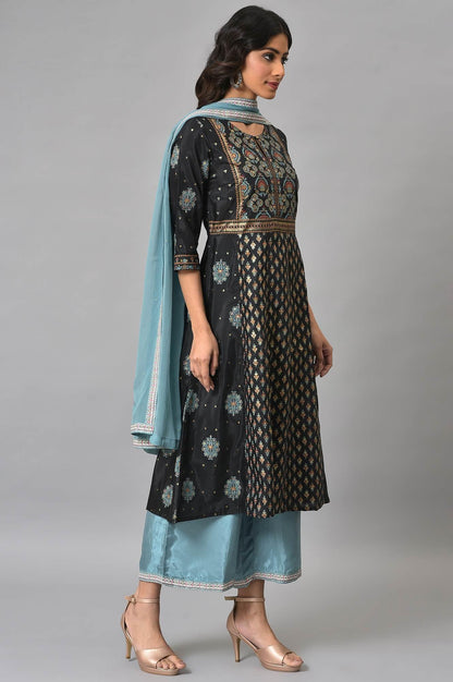 Jet Black Foil Printed Shantung kurta With Blue Parallel Pants And Chiffon Dupatta - wforwoman