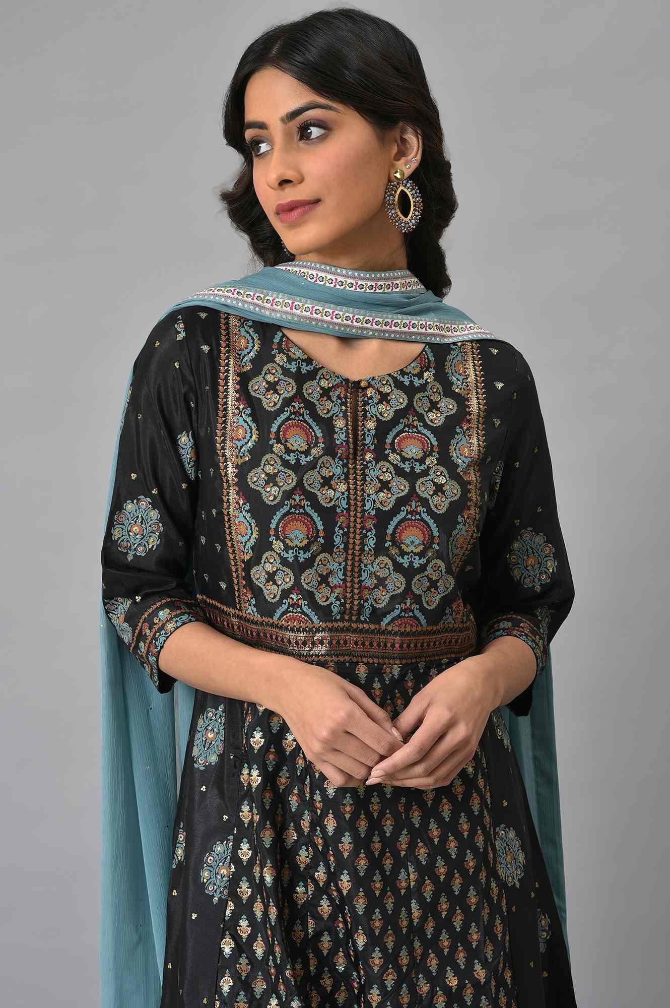 Jet Black Foil Printed Shantung kurta With Blue Parallel Pants And Chiffon Dupatta - wforwoman