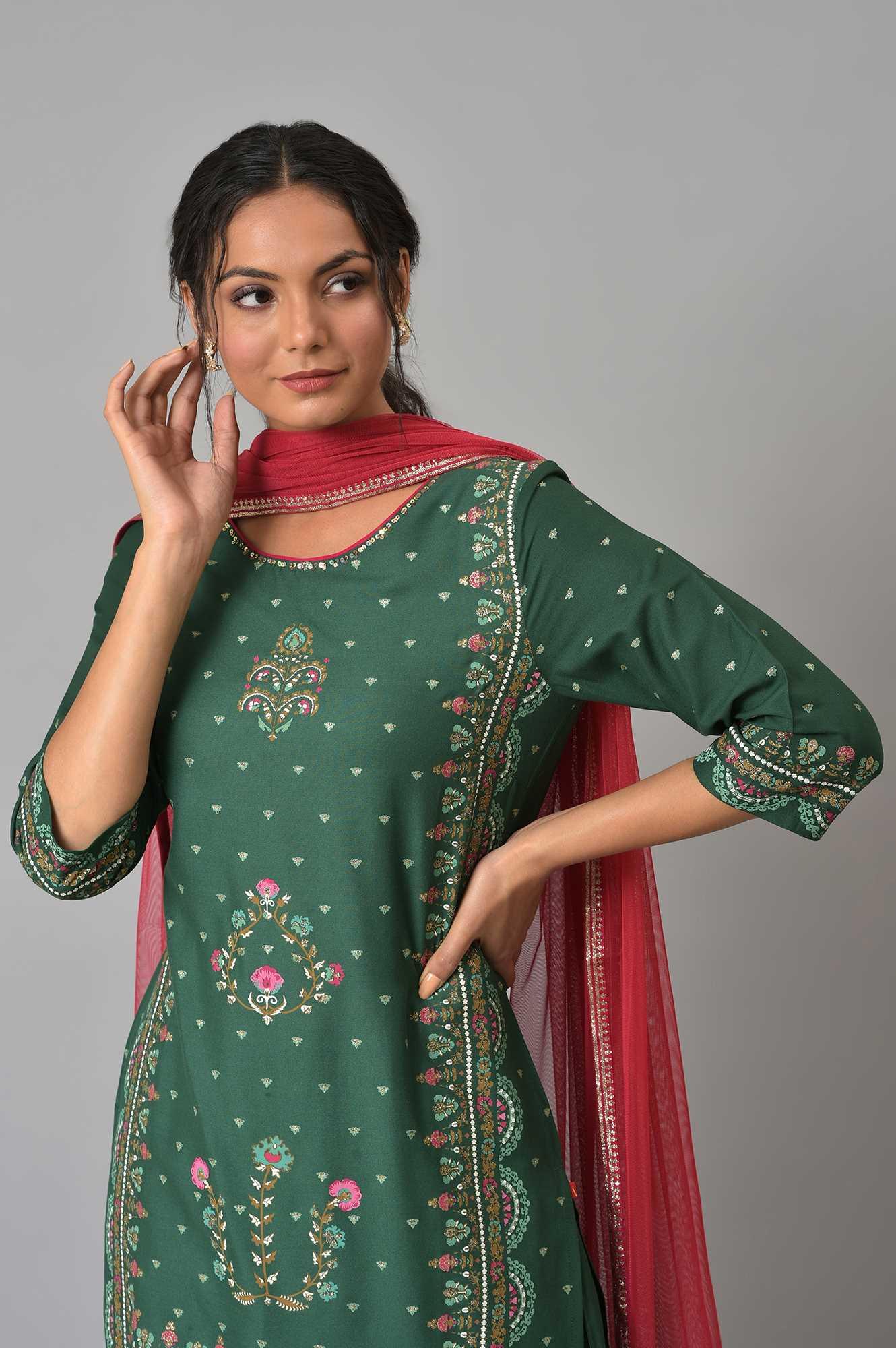 Dark Green Glitter Floral Printed kurta With Sharara Pants And Pink Dupatta - wforwoman