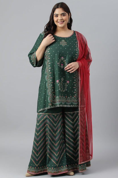Plus Size Dark Green Glitter Floral Printed kurta With Sharara Pants And Pink Dupatta - wforwoman