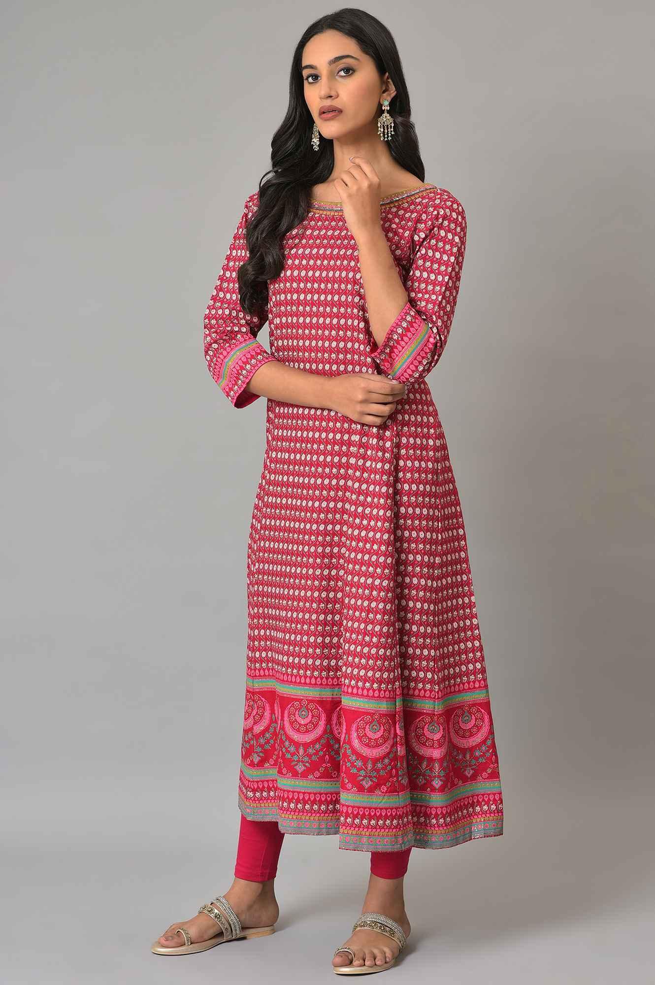Dark Pink Printed Kalidar kurta With Tights - wforwoman