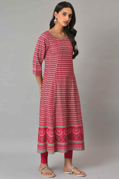 Dark Pink Printed Kalidar kurta With Tights - wforwoman