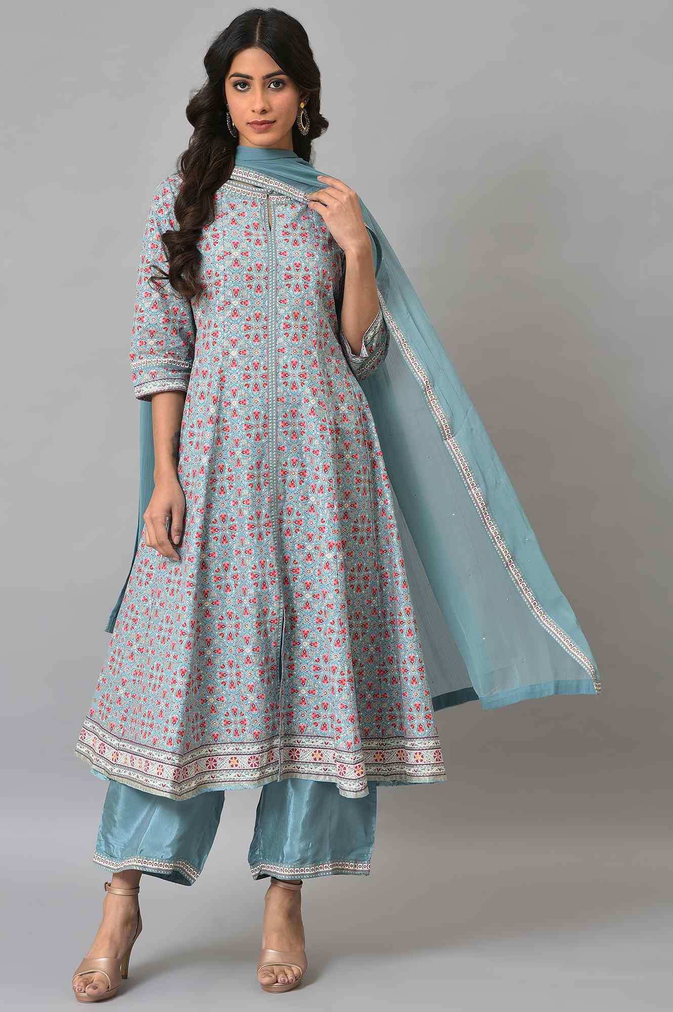 Aqua Blue Cotton Printed Flared kurta With Parallel Pants And Chiffon Dupatta - wforwoman