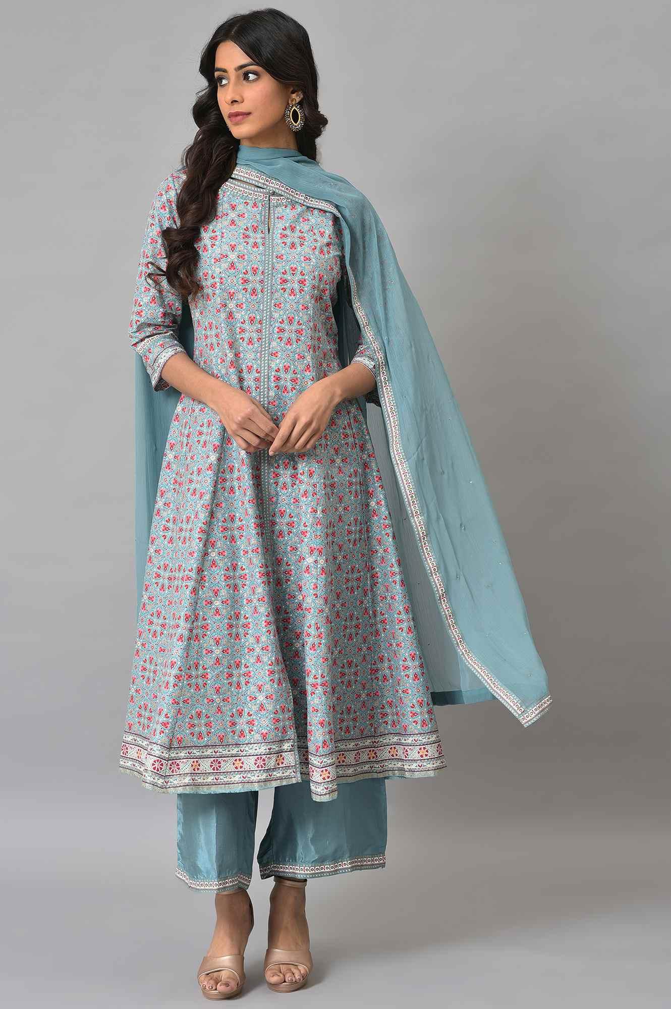 Aqua Blue Cotton Printed Flared kurta With Parallel Pants And Chiffon Dupatta - wforwoman