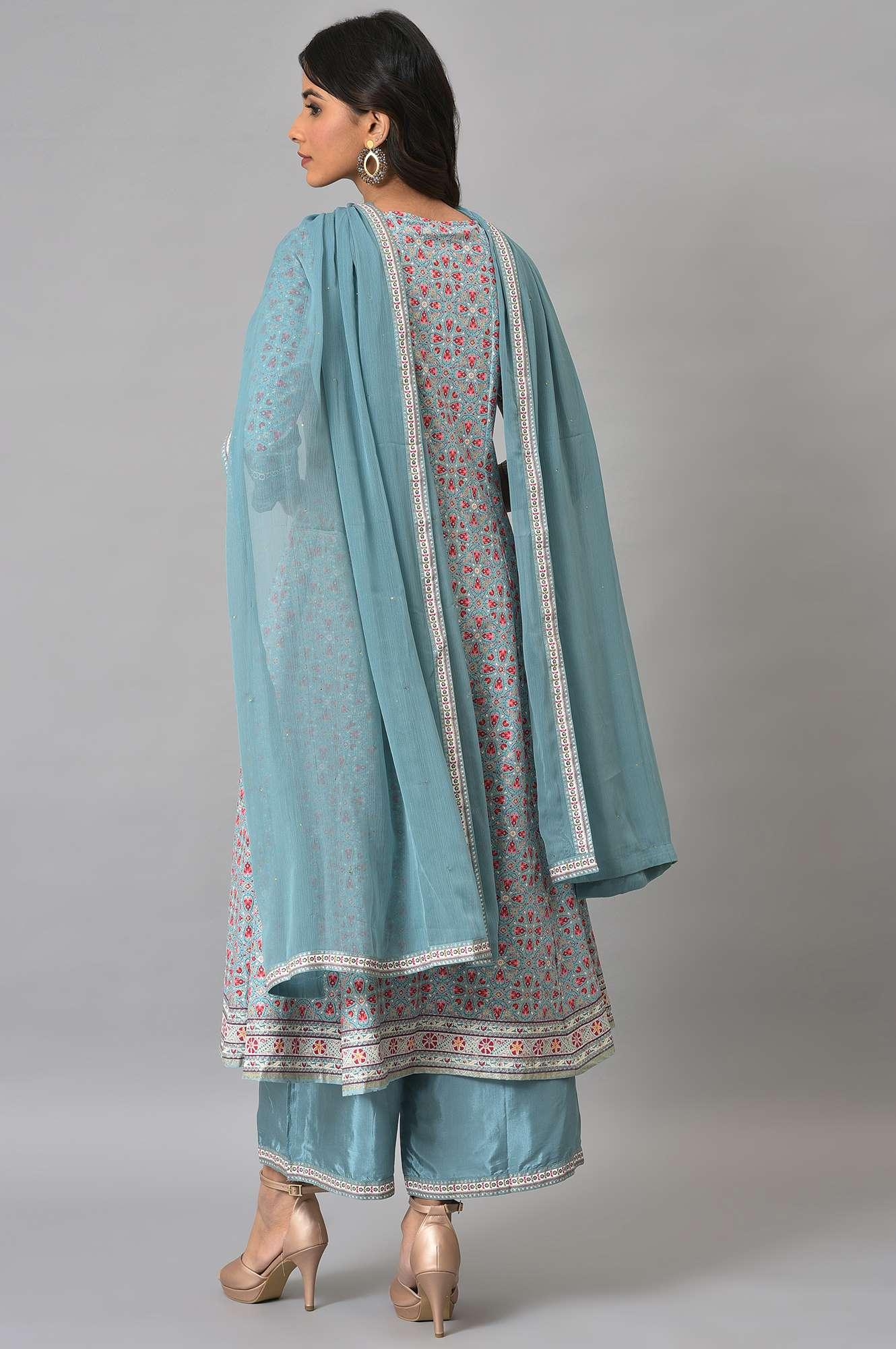 Aqua Blue Cotton Printed Flared kurta With Parallel Pants And Chiffon Dupatta - wforwoman