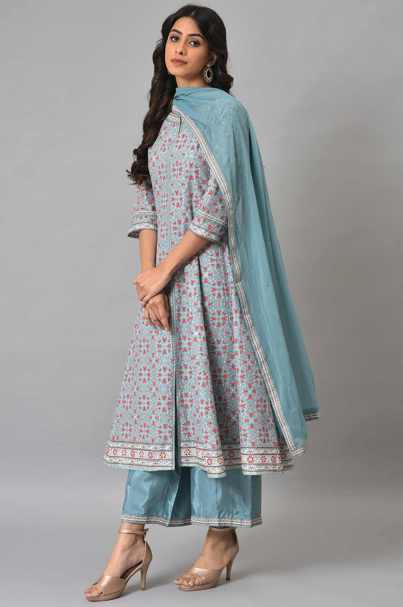 Aqua Blue Cotton Printed Flared kurta With Parallel Pants And Chiffon Dupatta - wforwoman