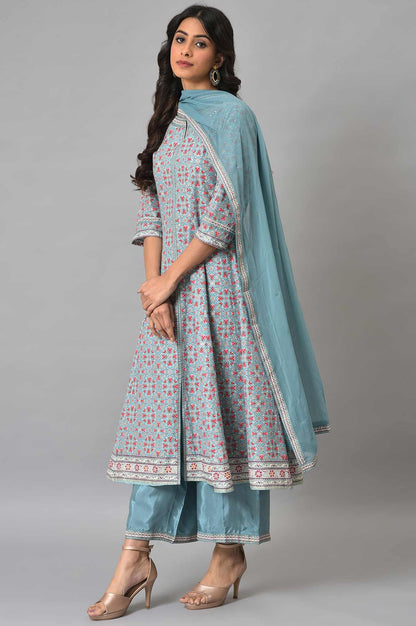 Aqua Blue Cotton Printed Flared kurta With Parallel Pants And Chiffon Dupatta - wforwoman