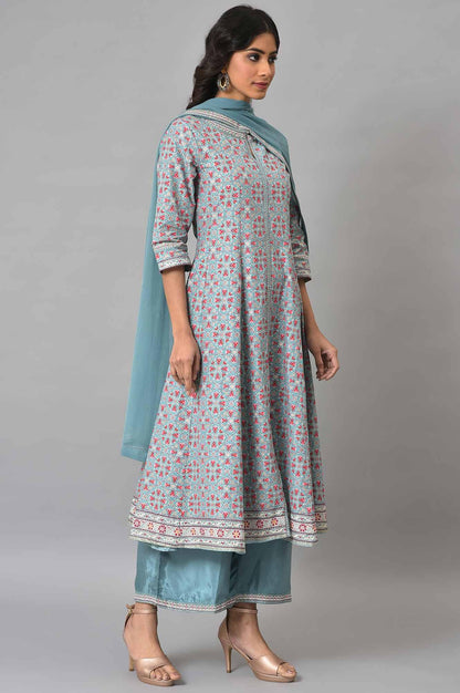 Aqua Blue Cotton Printed Flared kurta With Parallel Pants And Chiffon Dupatta - wforwoman