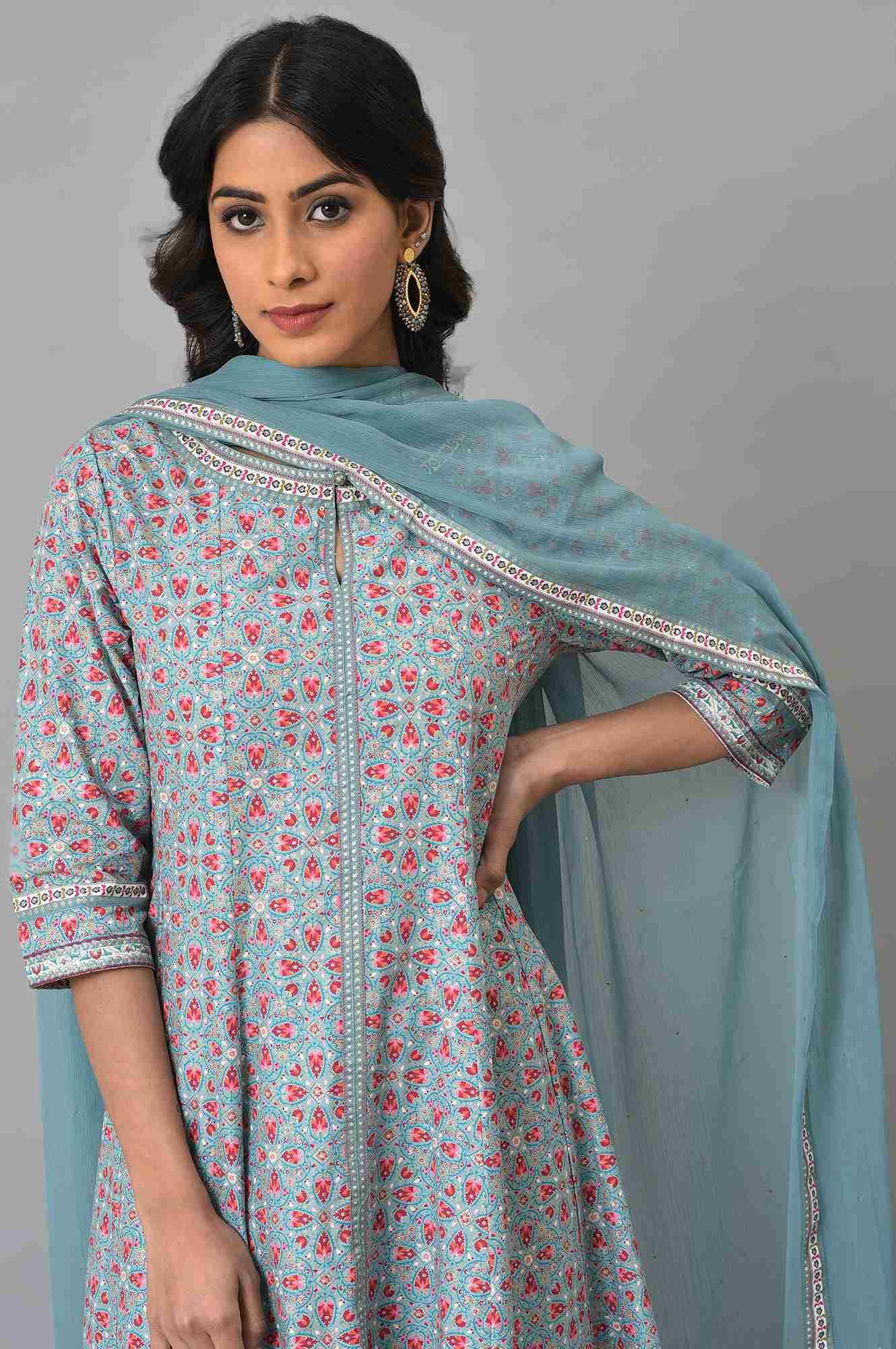 Aqua Blue Cotton Printed Flared kurta With Parallel Pants And Chiffon Dupatta - wforwoman