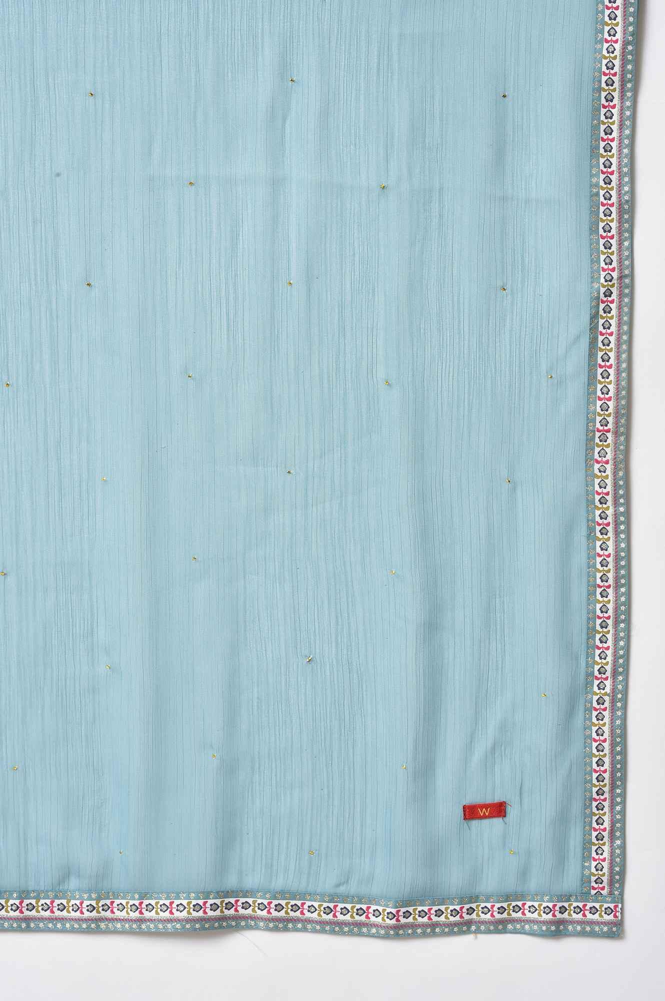 Aqua Blue Cotton Printed Flared kurta With Parallel Pants And Chiffon Dupatta - wforwoman