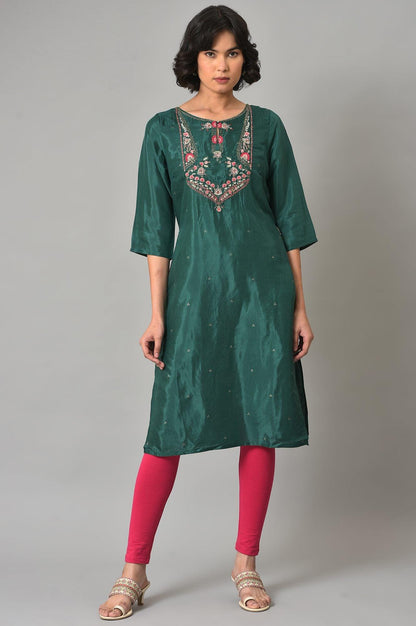 Dark Green Embroidered Festive kurta With Pink Tights - wforwoman