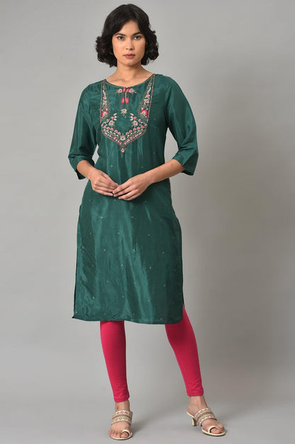 Dark Green Embroidered Festive kurta With Pink Tights - wforwoman