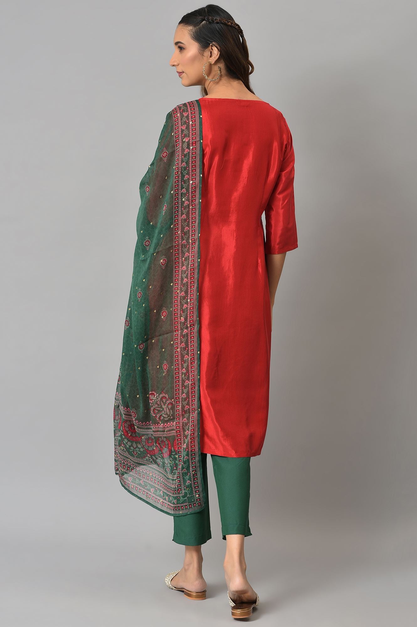 Red Glitter Printed Festive kurta With Green Slim Pants And Printed Dupatta