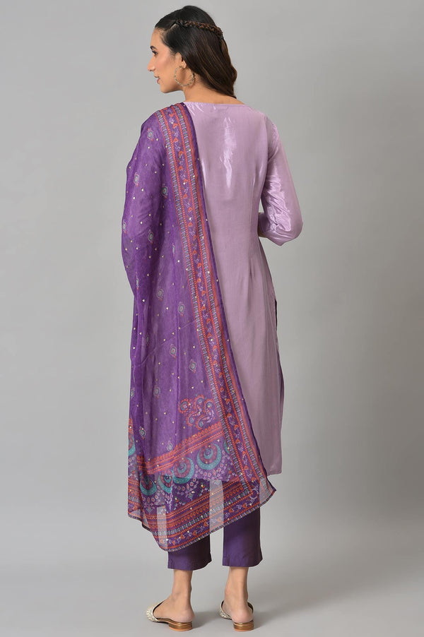 Purple Embroidered kurta With Slim Pants And Printed Dupatta