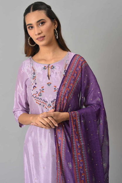 Purple Embroidered kurta With Slim Pants And Printed Dupatta - wforwoman