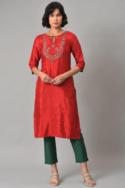 Red Embroidered Festive kurta With Green Slim Pants - wforwoman