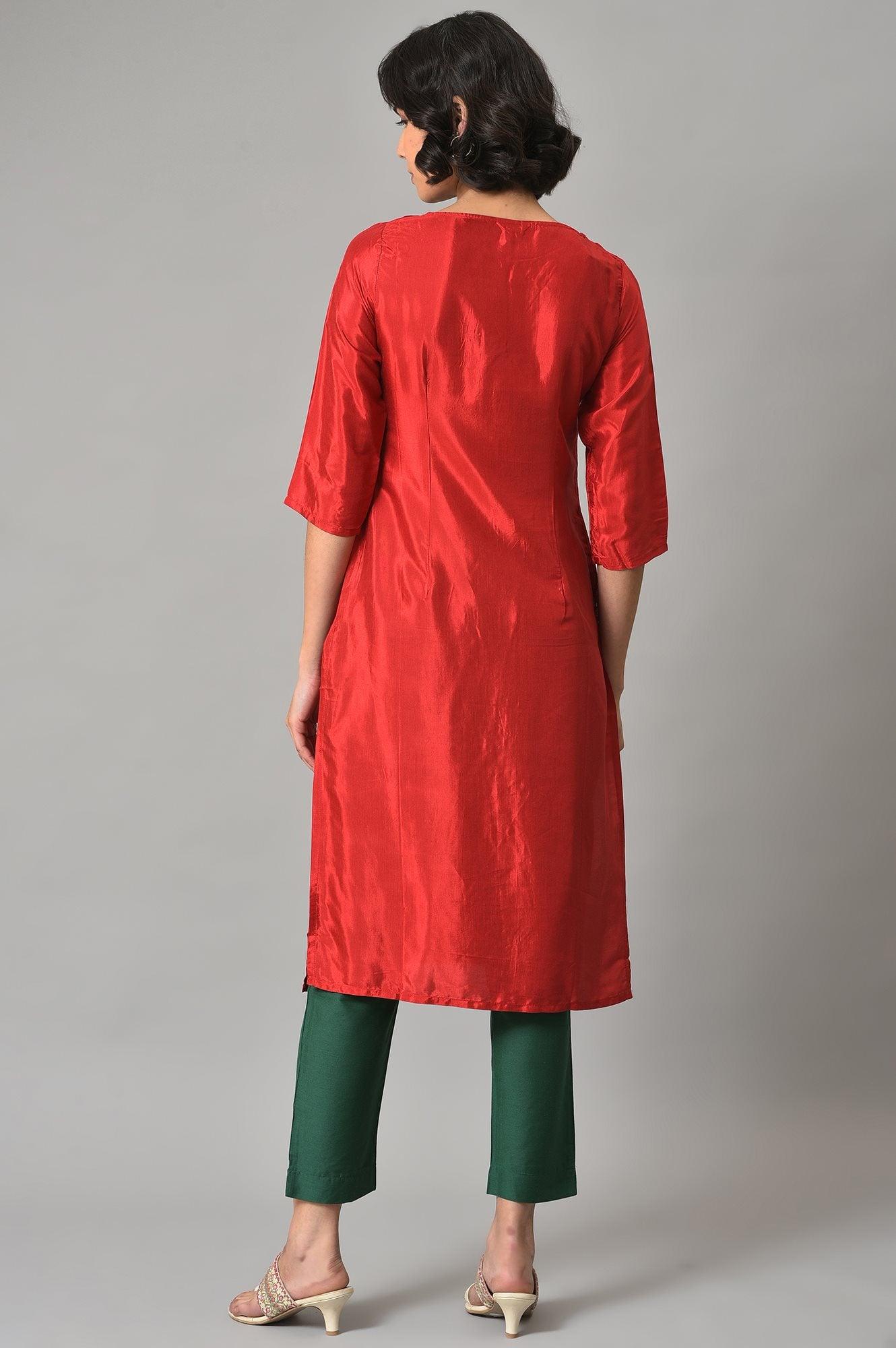 Red Embroidered Shantung kurta - wforwoman